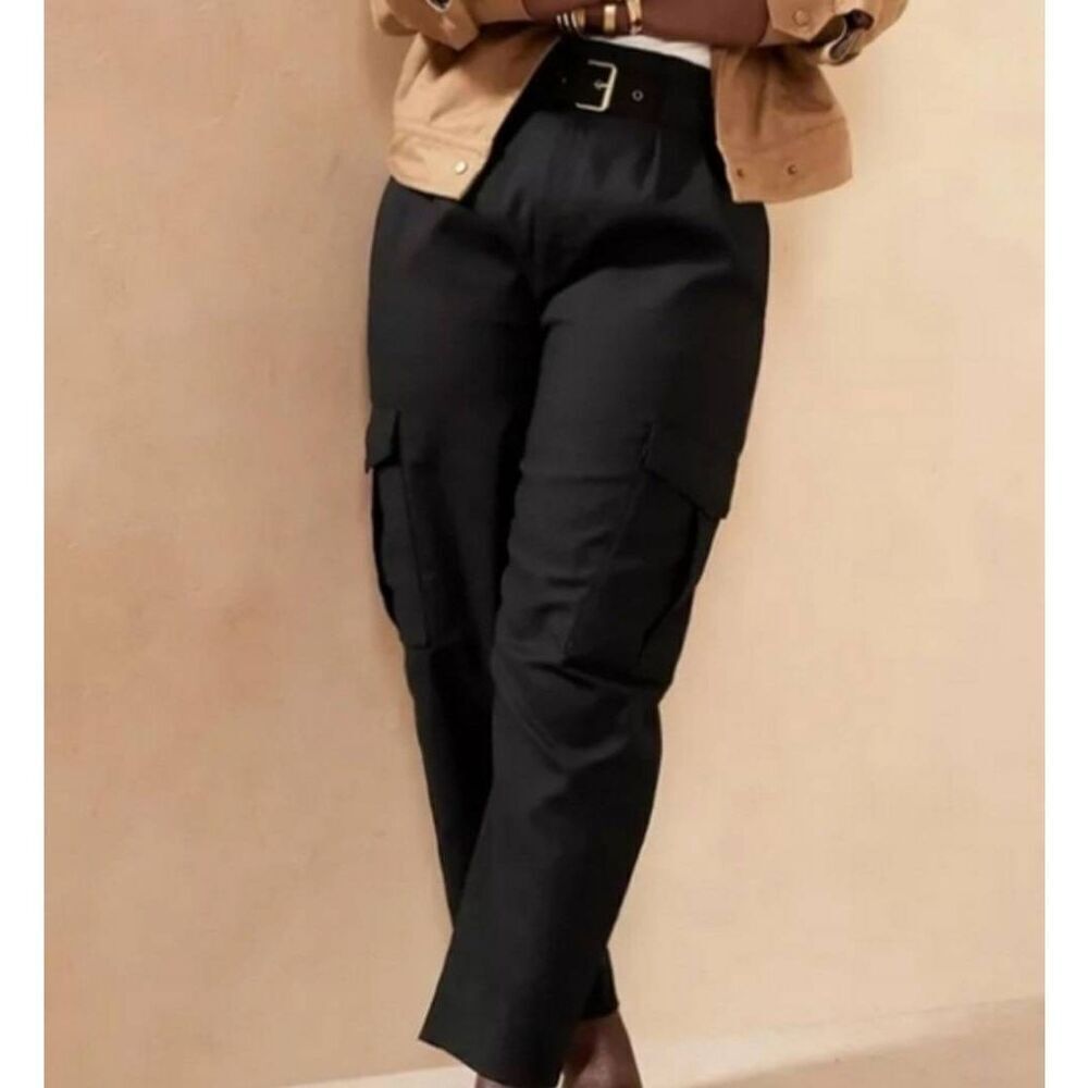Banana Republic Pants Women's 12 Black Voyage Cargo Tapered Cotton Twill Belted - Picture 6 of 6